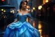 pretty woman wearing princess gown walking in urban city street at night time, Generative Ai