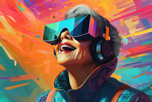 Smiling/laughing Elderly Woman/grandma Wearing Futuristic Sci-fi Technology Virtual Reality Glasses/goggles With Colorful Abstract Background Textured Pencil Hand Drawn Color Block Sketch Illustration