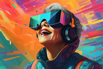 smiling/laughing elderly woman/grandma wearing futuristic sci-fi technology virtual reality glasses/goggles with colorful abstract background textured pencil hand drawn color block sketch illustration