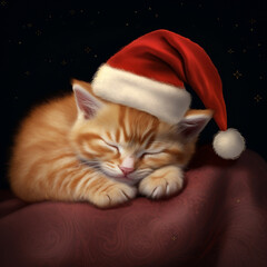 Poster - A kitten in a red Santa hat is lying and sleeping in a gift box. ai generative