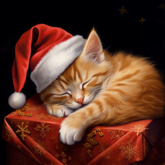 Poster - A kitten in a red Santa hat is lying and sleeping in a gift box. ai generative