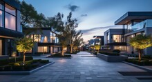 evening outdoor urban view of modern real estate homes
