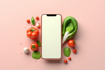 Smartphone with blank screen and fresh groceries. online grocery shopping app