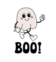 Canvas Print - Vector retro groovy cartoon ghost and Halloween boo lettering isolated on white background