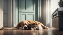 Cat And Dog Sleep Together In Friendship