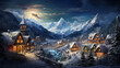 Village in winter on Christmas, scenery of snowy mountains and houses