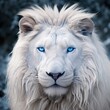 image of a majestic white lion, its piercing blue eyes standing out against its snowy fur