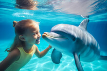 Adorable Little Girl Swimming With Dolphin And Petting Him On Summer Holidays With Family, Tropical Animal Sightseeing Destination