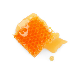 Wall Mural - Natural honeycomb with tasty honey isolated on white, top view