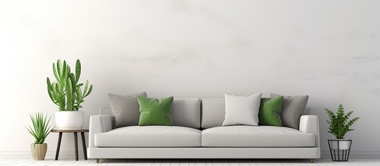 Wall Mural - living room with white wall gray sofa green pillows coffee table and succulents