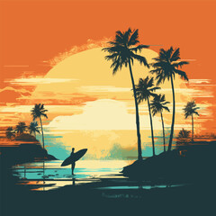 Sticker - palms beach silhouette retro minimalist v