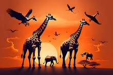 Giraffes And Elephants Flying With Wings Under An Orange Sky