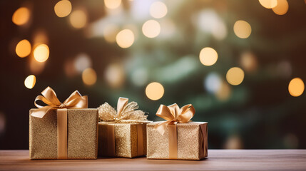 Wall Mural - gift boxes on wooden table. Christmas and new year background with blur festive bokeh lighting