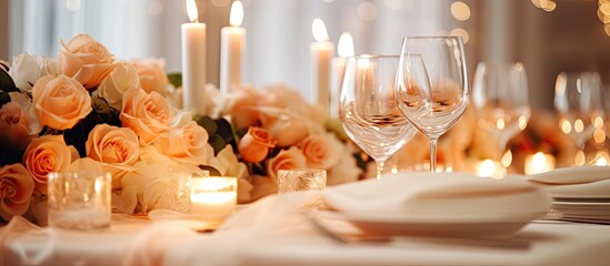 Sticker - Elegant table arrangement for a fancy wedding reception adorned with flowers candles and a tablecloth in a festive setting