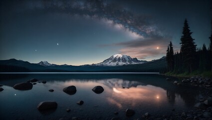 Dark landscape, trees, starry night, stars, galaxy in the sky