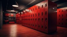 Red Lockers In Generic Locker Room With Wooden Bench