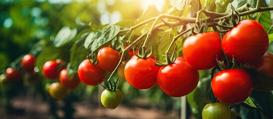 Wall Mural - Organic tomatoes growing on stem at local produce farm Copy space for text and background