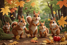 Squirrels Gathering In The Autumn Forest To Eat Acorns