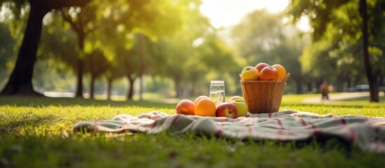 Park with tasty food and drink on a blanket