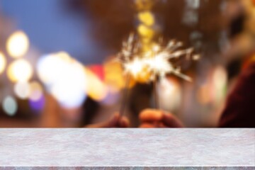 Poster - Empty Wooden table on blurred restaurant of cafe background