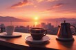A cup of hot coffee or tea on the table with a beautiful view of the sunset in the background. Anime art style. Generative Ai