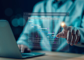 Fototapete - businessman schedule plan management shows a timeline Gantt chart in technology online. concept manage milestones, project planner in software, work update and workflow, appointment staff of business