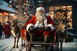 Santa Claus is sitting in his sleigh with his reindeer