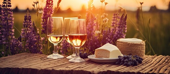 Poster - Romantic meadow setting with purple lupines wine flowers silverware fruits wooden furniture picnic basket and golden sunset