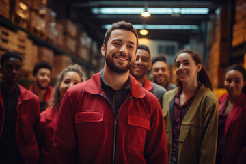 Wall Mural - Delivery man in warehouse with his team behind