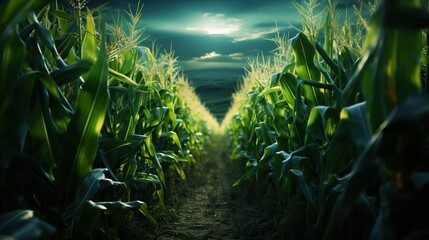 Beautiful green row of corn field background