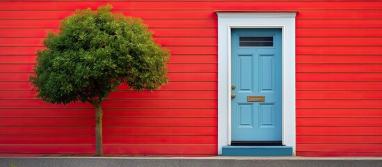 The building has a red door with blue and yellow clapboard walls a red mailbox and a green shrub