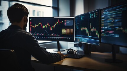 Wall Mural - an image featuring a person monitoring bitcoin price charts and financial news on a computer screen,
