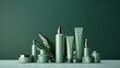 collection of green cosmetics empty containers. serum bottle, tube, spary bottle, shampoo bottle, lotion . generted by ai