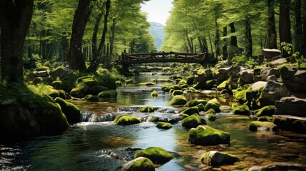 Clean water in spring forest river landscape with wooden bridge and rocky riverbank