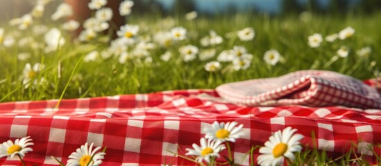 Sticker - Red picnic cloth with a scenic meadow and daisies ideal for product placement with a hint of a frog