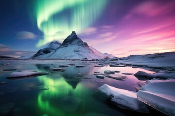 Canvas Print - Frozen tundras glisten in the aurora's embrace, ethereal colors dancing above icy landscapes.