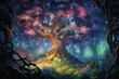 Within the forest's heart, ancient trees hum with secrets, their roots entwined with veins of starlight, while enchanted flora blooms in kaleidoscopic hues.