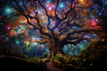 Canvas Print - Within the forest's heart, ancient trees hum with secrets, their roots entwined with veins of starlight, while enchanted flora blooms in kaleidoscopic hues.