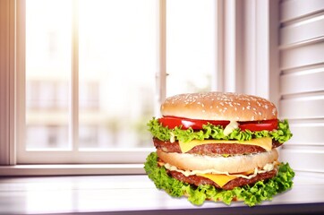 Wall Mural - Tasty fresh Burger with cheese and vegetables