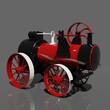 3D computer-rendered illustration of an old vintage red steam tractor.