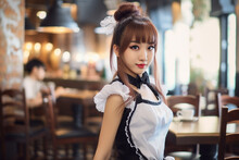 Young Woman Waitress Dressed In Black And White Maid Costumes In Japanese Maid Café