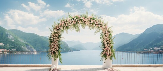 Poster - Montenegro destination wedding venue with sea and mountain view for white reception