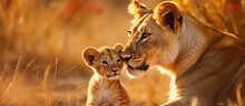 Observe Lion Cub And Mother In African Wildlife Near Khwai River In Botswanas Nature Habitat