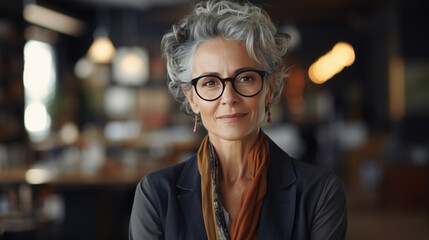 Wall Mural - Business elegant stylish elderly woman with gray hairstyle wearing glasses and looking at camera indoors. Female senior portrait, executive or entrepreneur