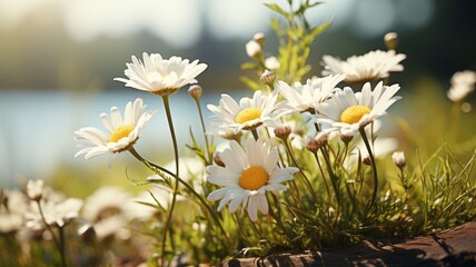 Wall Mural - Delicate flower blossom in the sunlight: macro photography of a white and yellow blooming spring plant