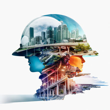Future building construction engineering project devotion with double exposure expressway road. Building engineer, architect people or construction worker working with Duo shots Generative ai