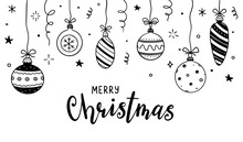 Doodle Christmas Ball Element Background. Hand Drawn Sketch Line Style Xmas Ball. Cute Merry Christmas Bauble For Border, Background Design With Text Place. Isolated Vector Illustration.