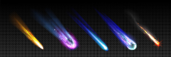 Wall Mural - Falling and burning comet with light trail - realistic vector illustration set of space meteor or asteroid flying at high speed, flaming and leaving glow fire or ice tail behind. Star rain concept.
