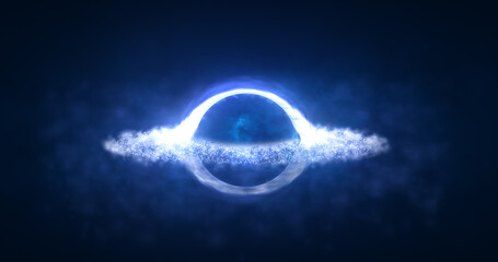 Wall Mural - bright black hole in open space with spinning energy particles, cosmic sphere in blue and purple col