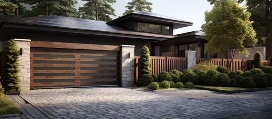 Wall Mural - Chic villa with enclosure carport and paved pathway outside perspective